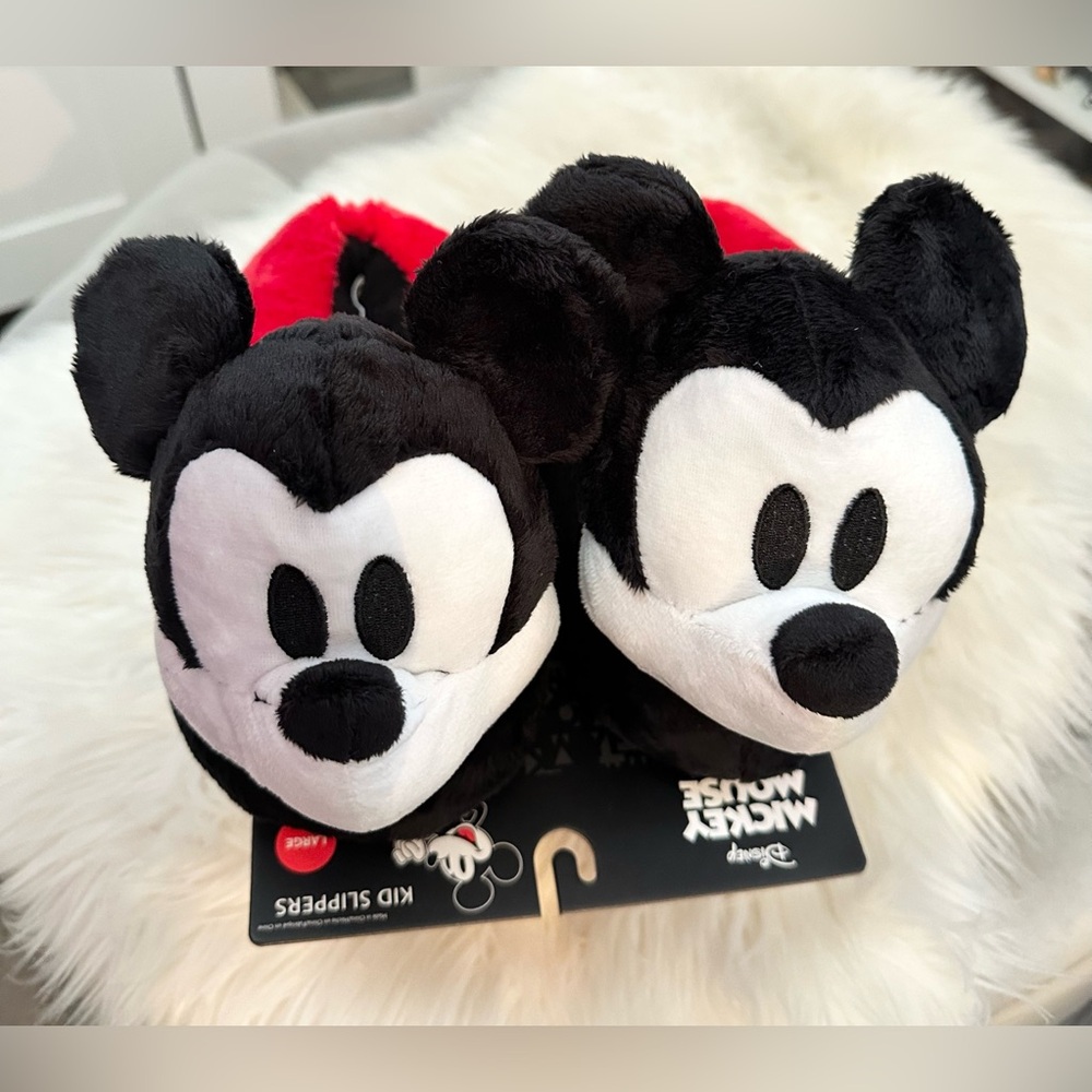 Disney Mickey Mouse Plush Slippers - Black and Red Kids LG NEW! FIRM!!